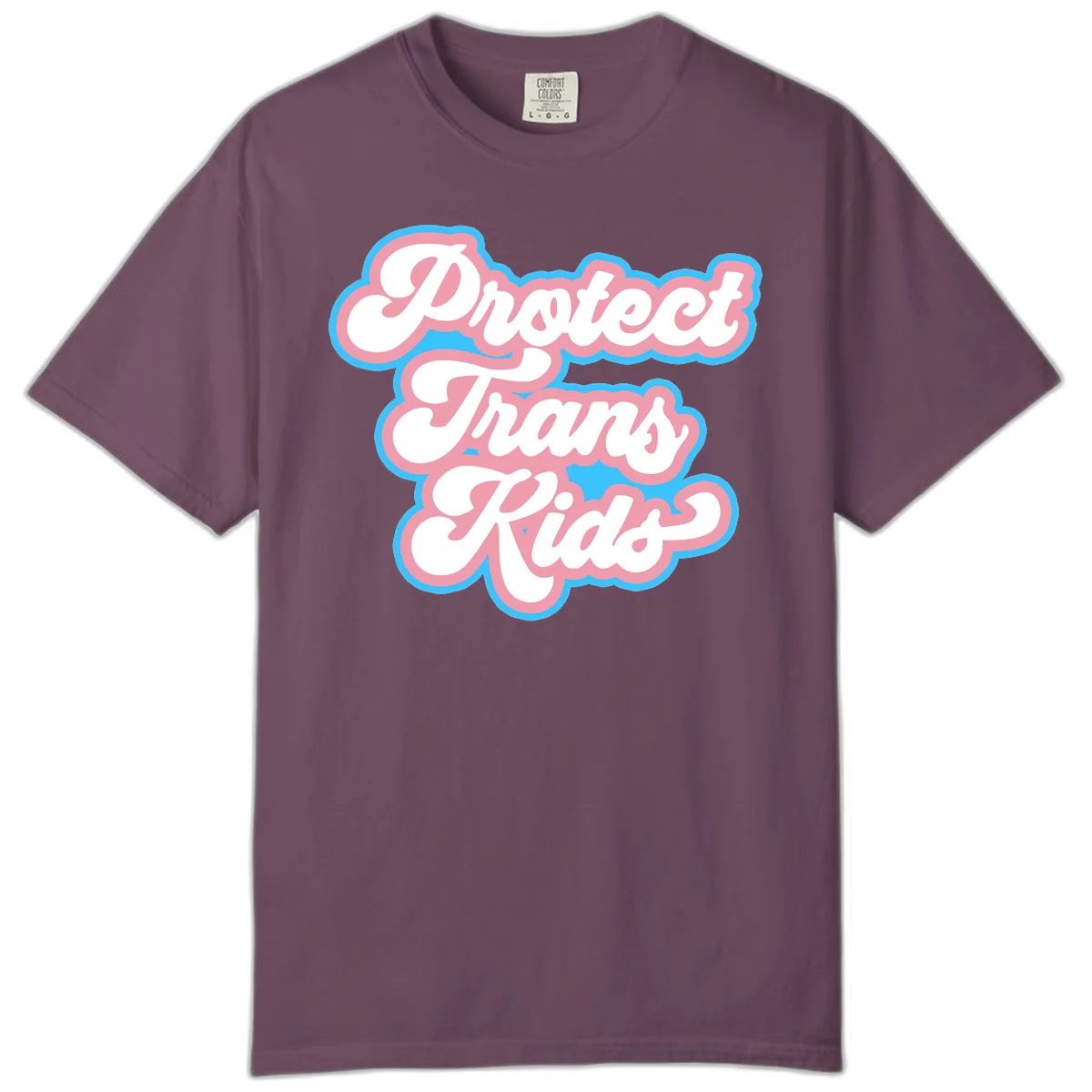 Protect trans kids pride design featuring white bold text with pink and blue scalloped borders on gray background in Berry