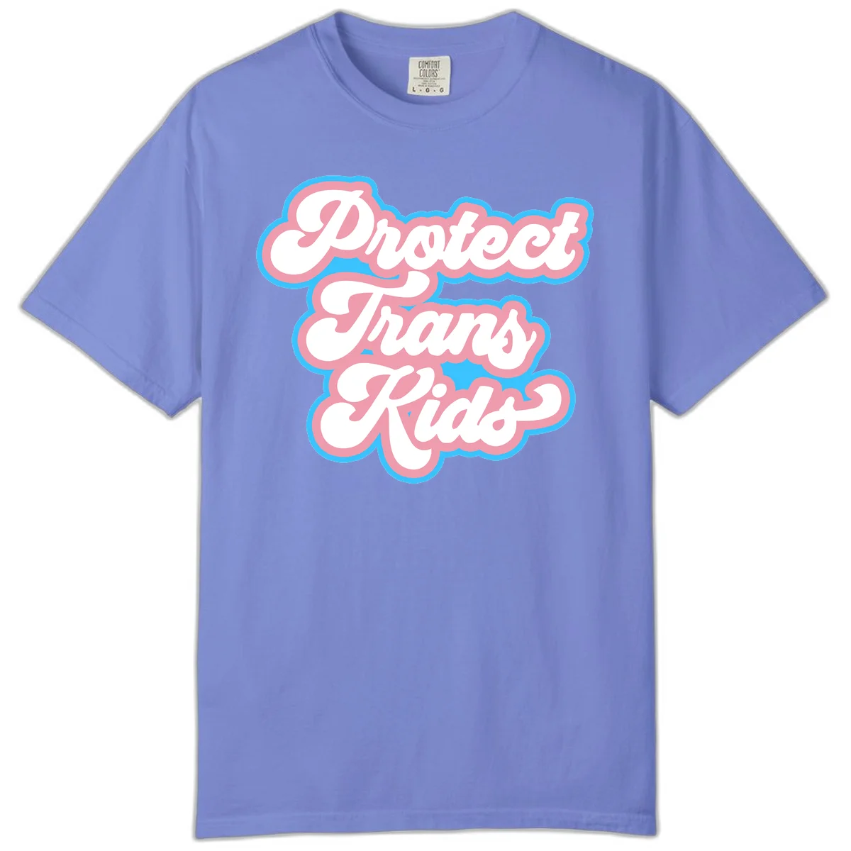 Protect trans kids pride design featuring white bold text with pink and blue scalloped borders on gray background in Flo Blue