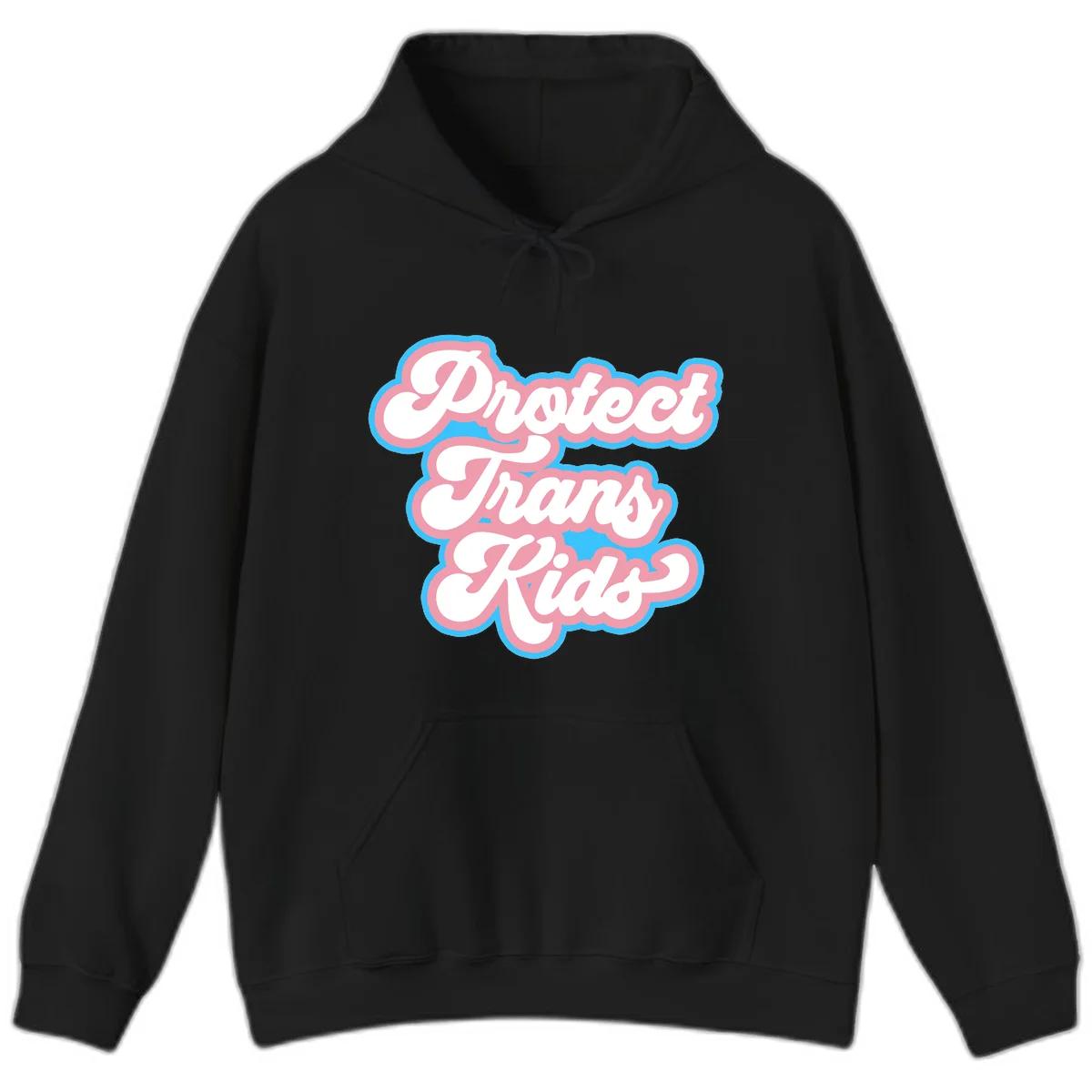 Protect trans kids pride design featuring white bold text with pink and blue scalloped borders on gray background in Black