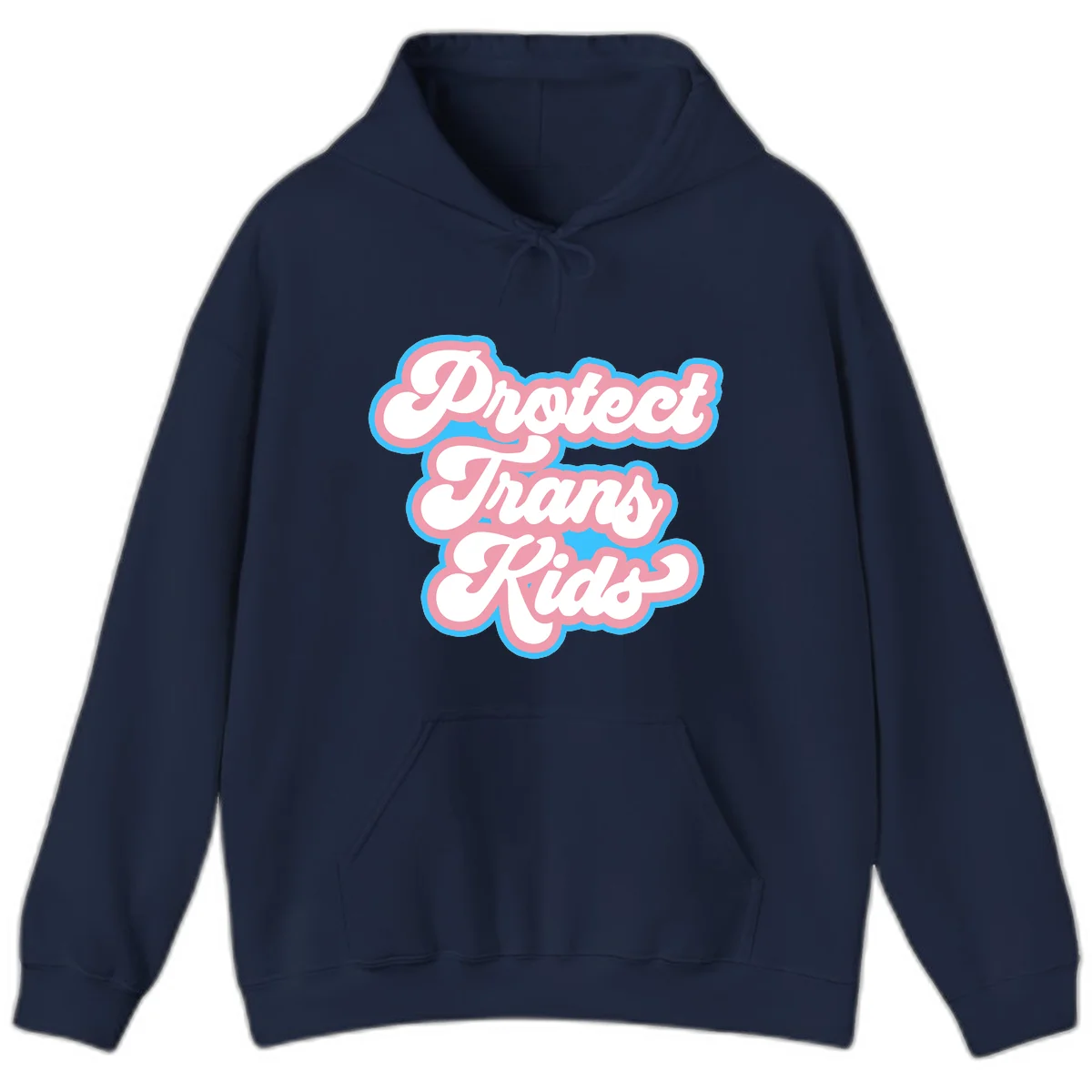 Protect trans kids pride design featuring white bold text with pink and blue scalloped borders on gray background in Navy