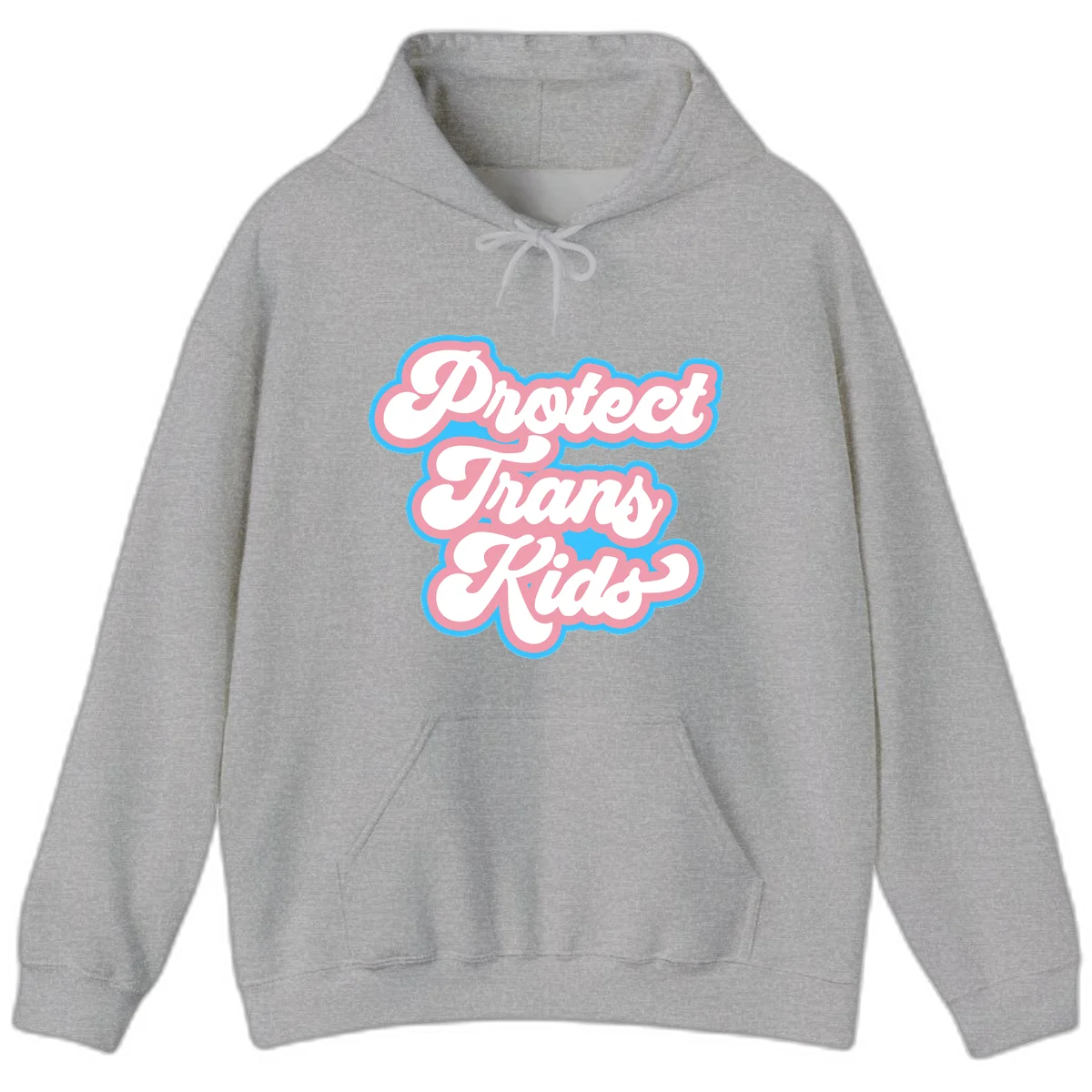 Protect trans kids pride design featuring white bold text with pink and blue scalloped borders on gray background in Sport Grey