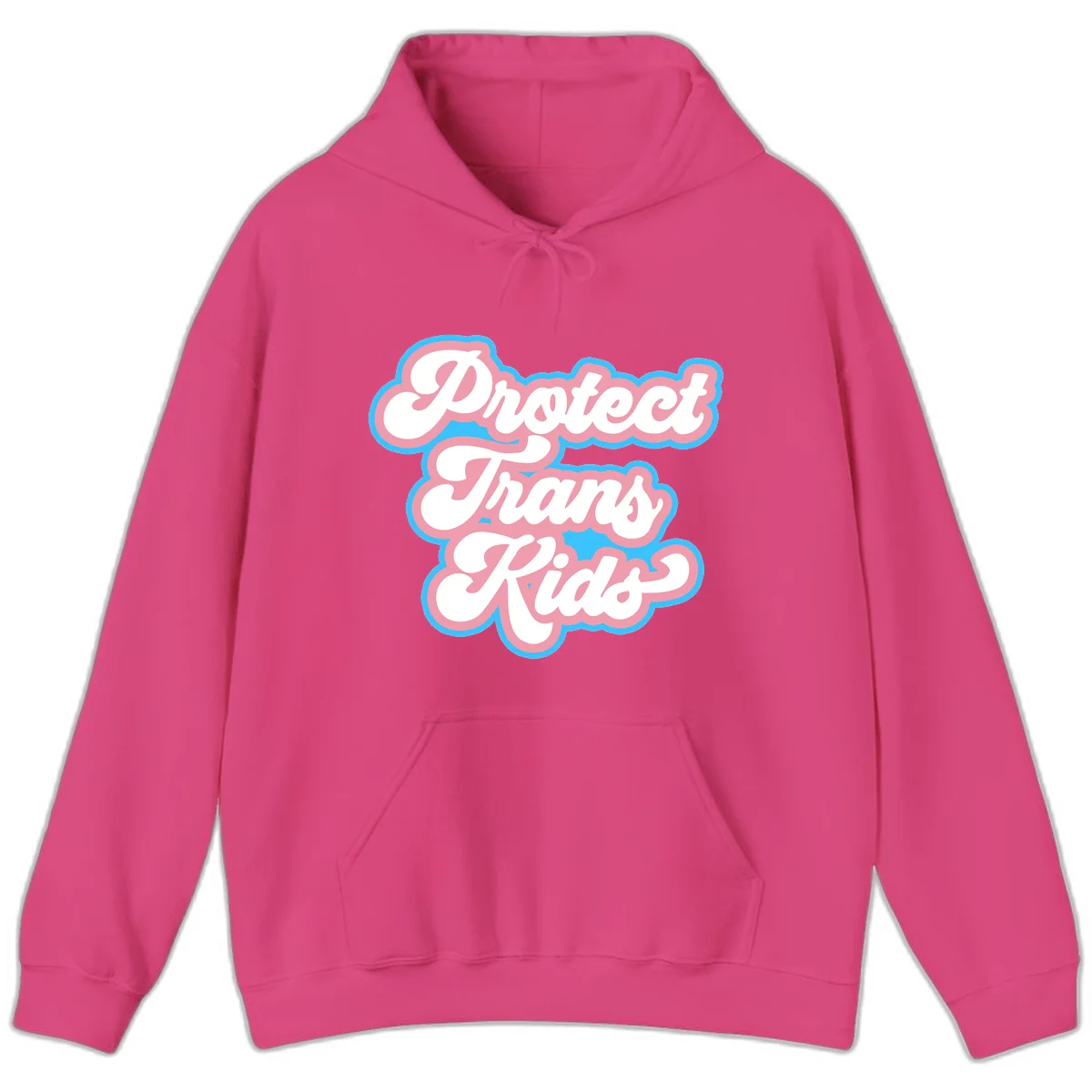 Protect trans kids pride design featuring white bold text with pink and blue scalloped borders on gray background in Heliconia