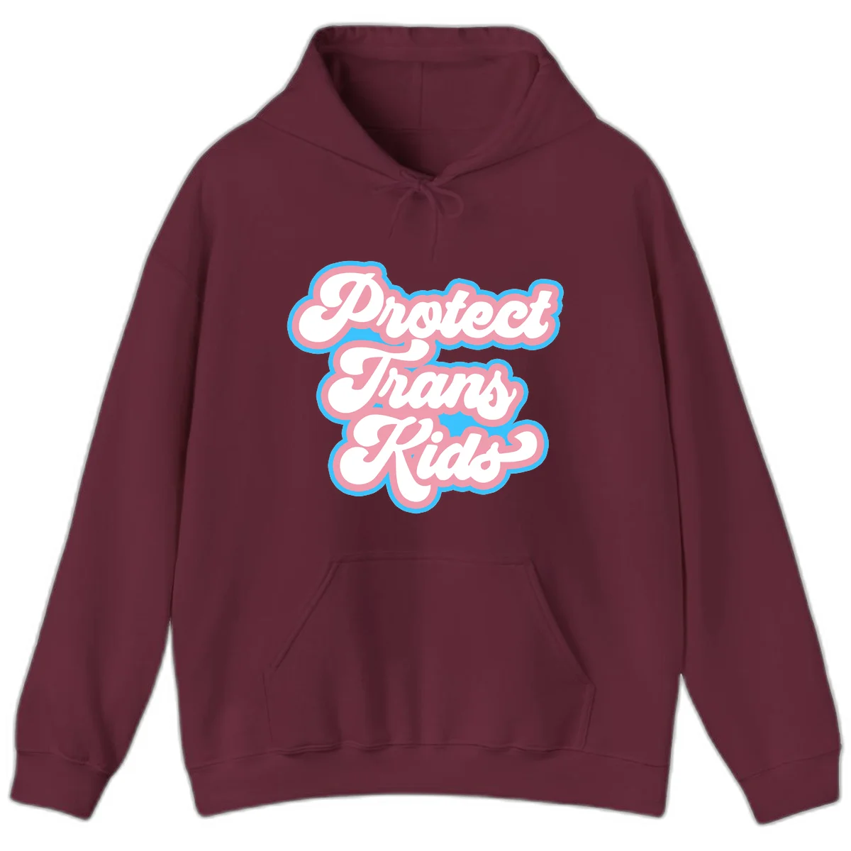 Protect trans kids pride design featuring white bold text with pink and blue scalloped borders on gray background in Maroon