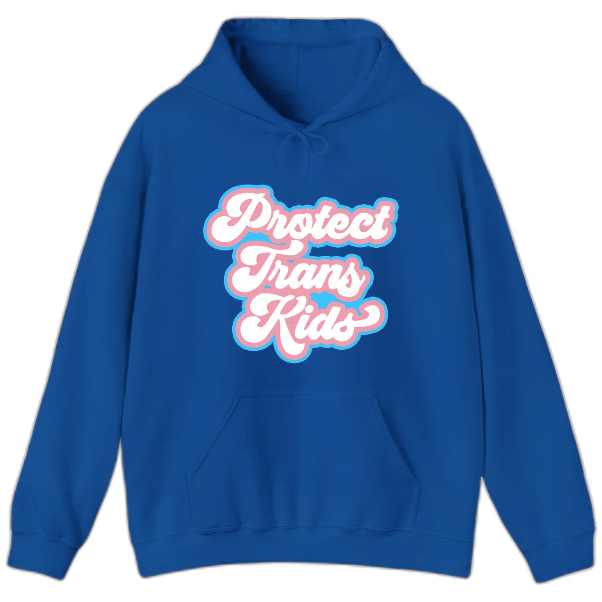 Protect trans kids pride design featuring white bold text with pink and blue scalloped borders on gray background in Royal