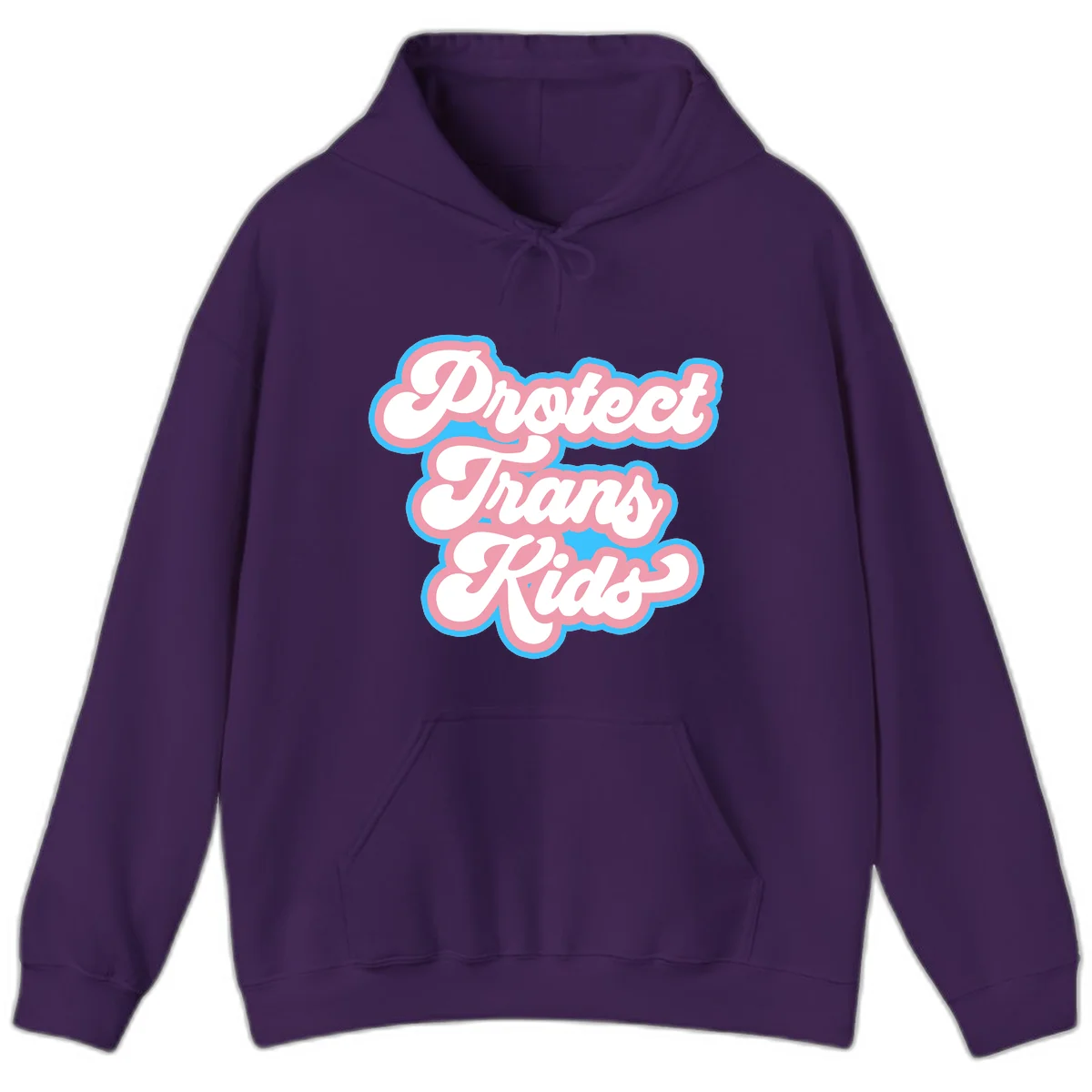 Protect trans kids pride design featuring white bold text with pink and blue scalloped borders on gray background in Purple