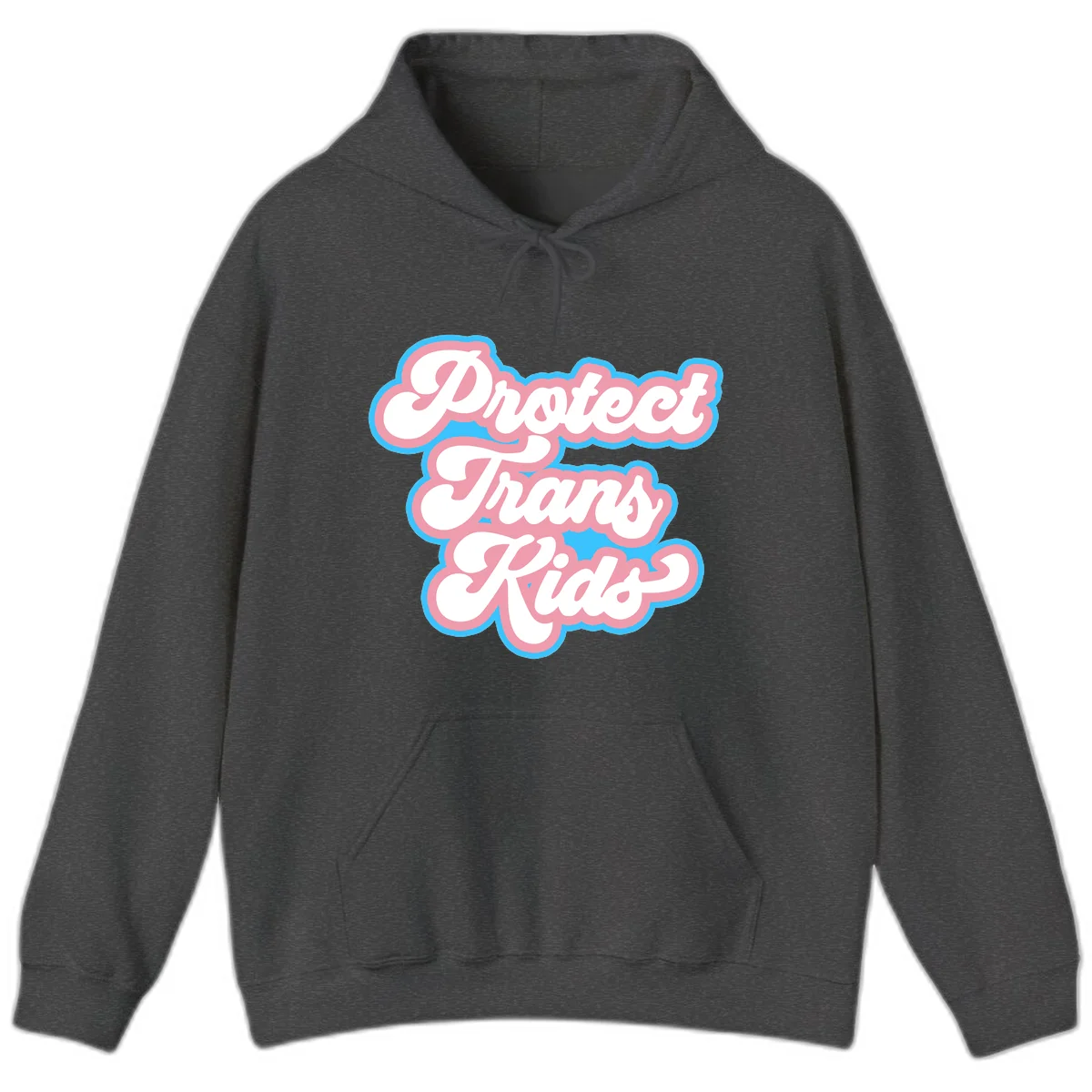 Protect trans kids pride design featuring white bold text with pink and blue scalloped borders on gray background in Dark Heather
