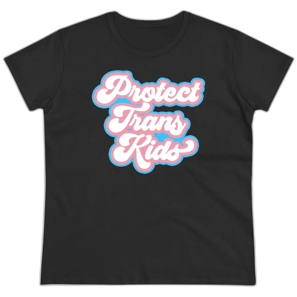 Protect trans kids pride design featuring white bold text with pink and blue scalloped borders on gray background in Black