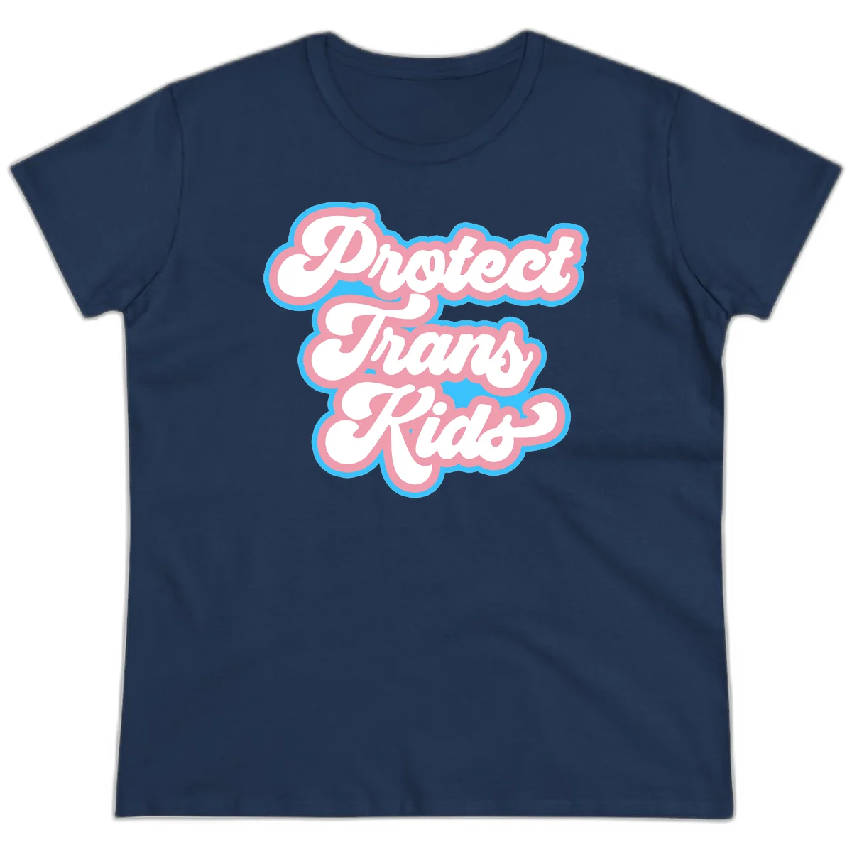 Protect trans kids pride design featuring white bold text with pink and blue scalloped borders on gray background in Navy