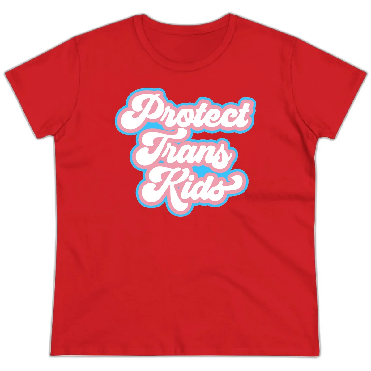 Protect trans kids pride design featuring white bold text with pink and blue scalloped borders on gray background in Red