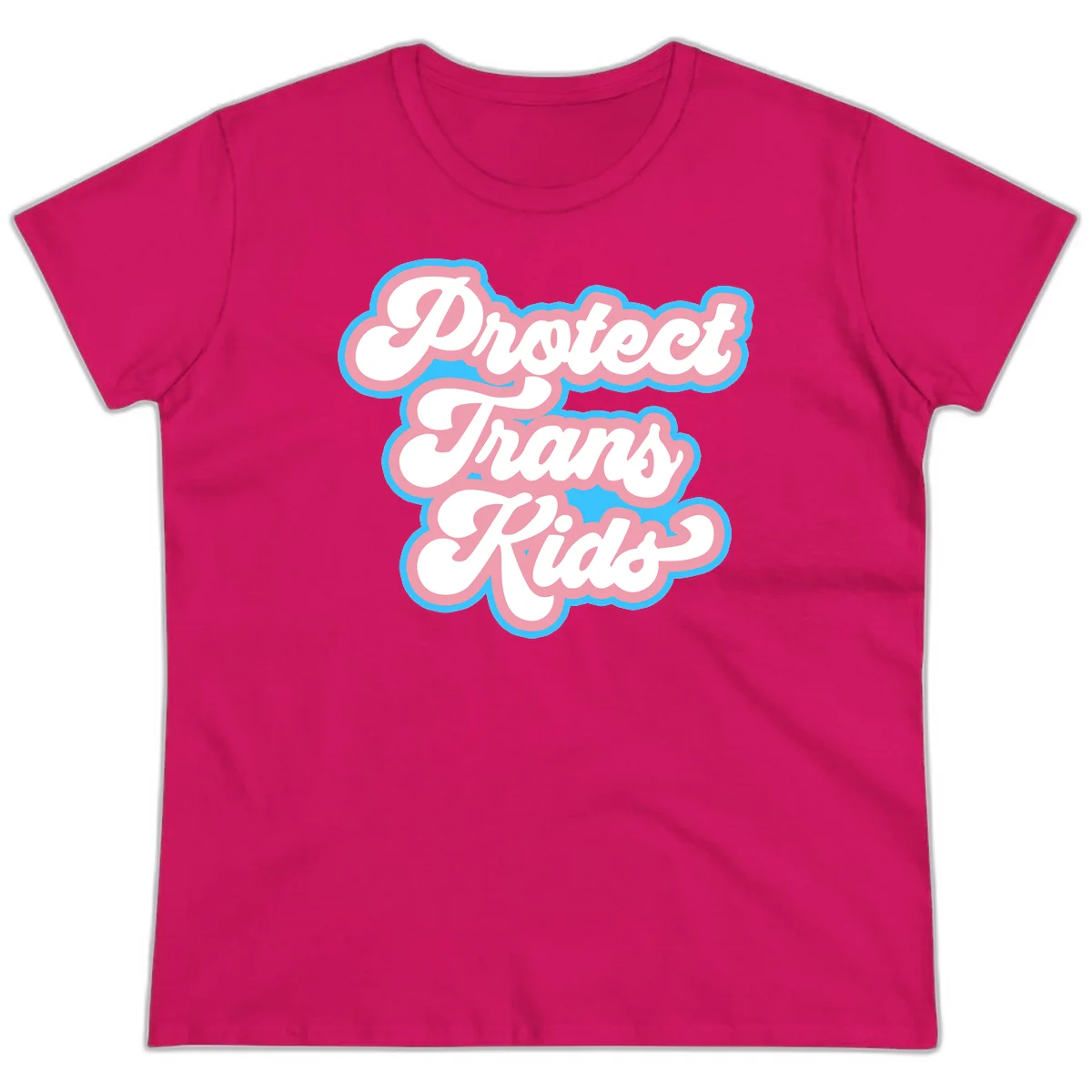 Protect trans kids pride design featuring white bold text with pink and blue scalloped borders on gray background in Heliconia