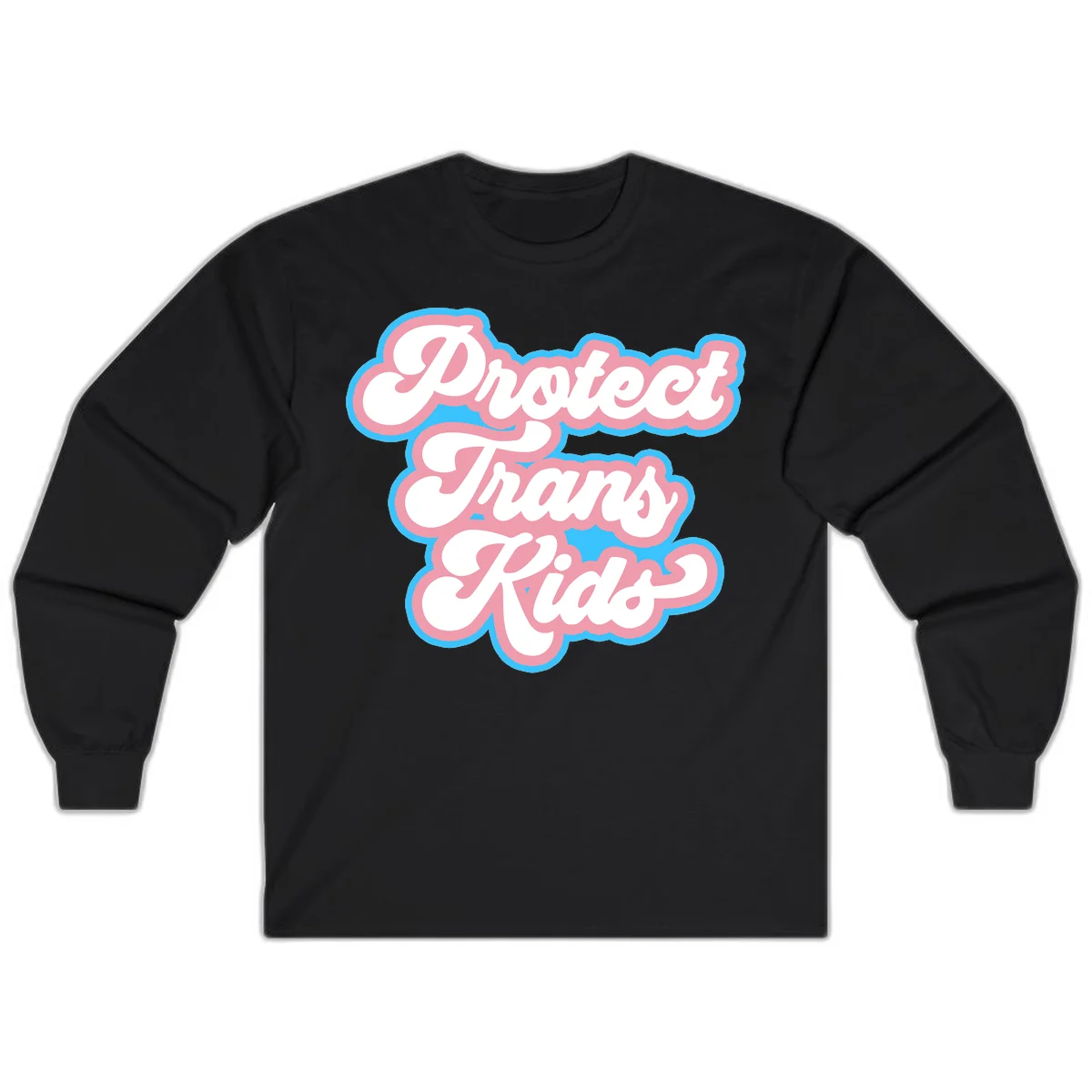 Protect trans kids pride design featuring white bold text with pink and blue scalloped borders on gray background in Black