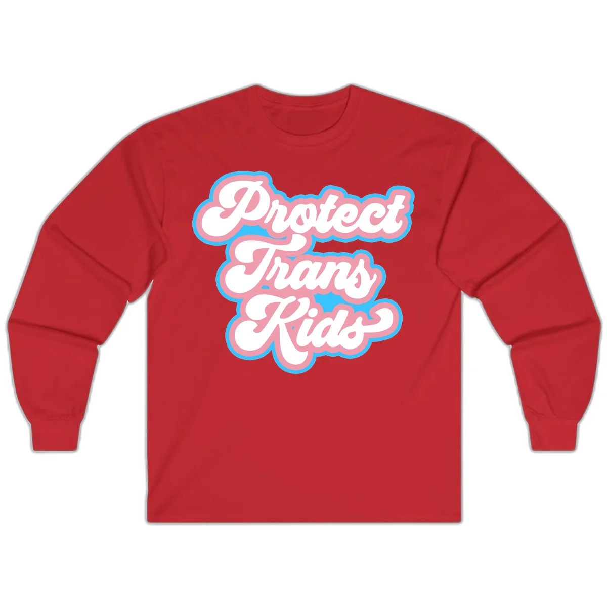 Protect trans kids pride design featuring white bold text with pink and blue scalloped borders on gray background in Red