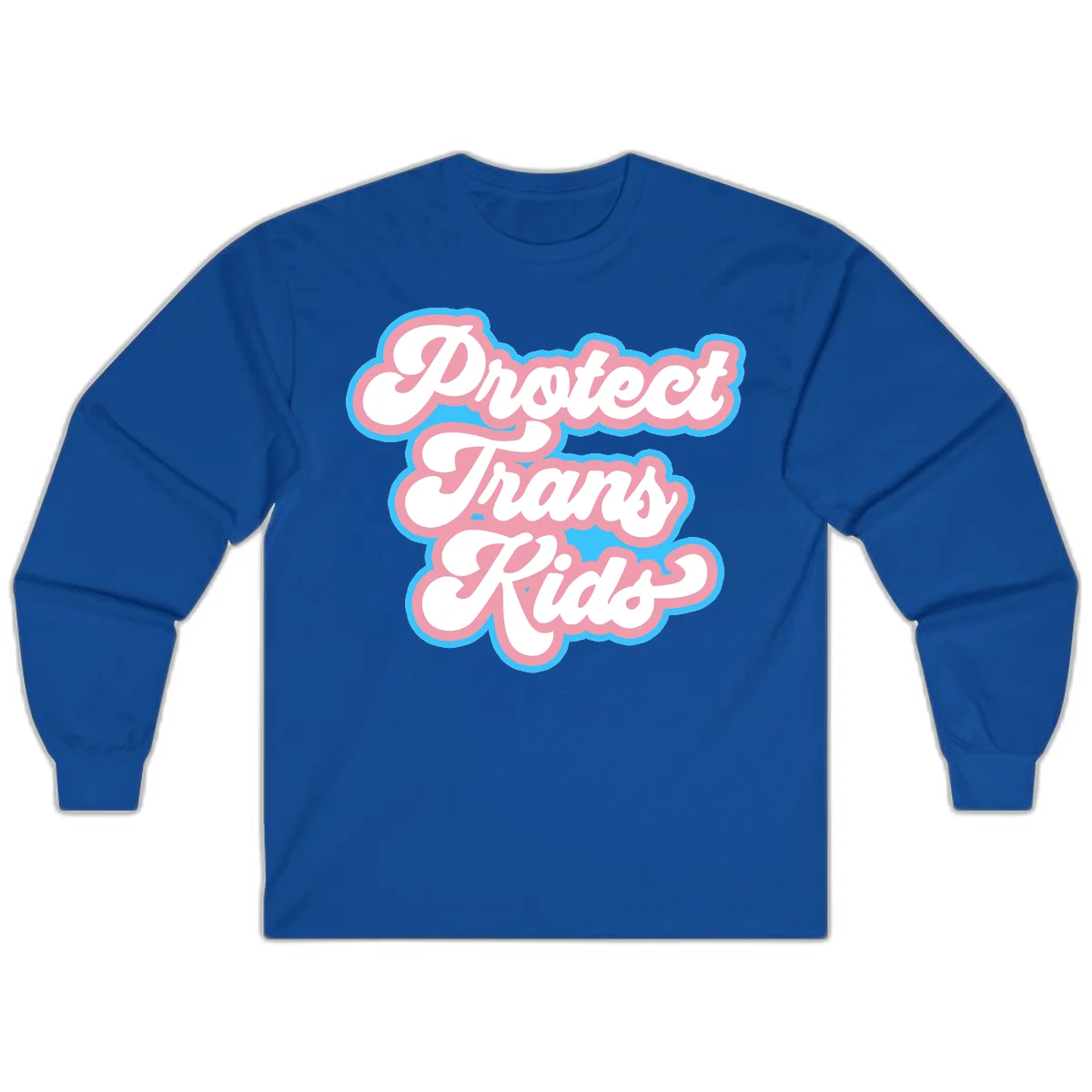 Protect trans kids pride design featuring white bold text with pink and blue scalloped borders on gray background in Royal