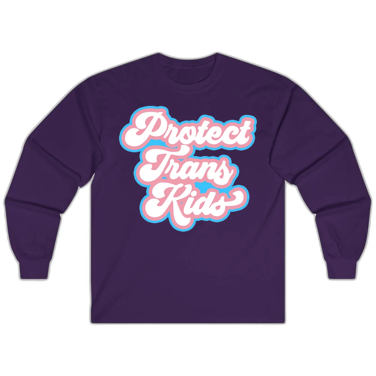 Protect trans kids pride design featuring white bold text with pink and blue scalloped borders on gray background in Purple