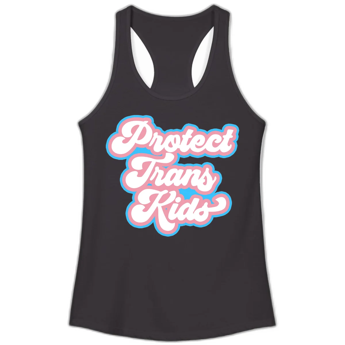 Protect trans kids pride design featuring white bold text with pink and blue scalloped borders on gray background in Black