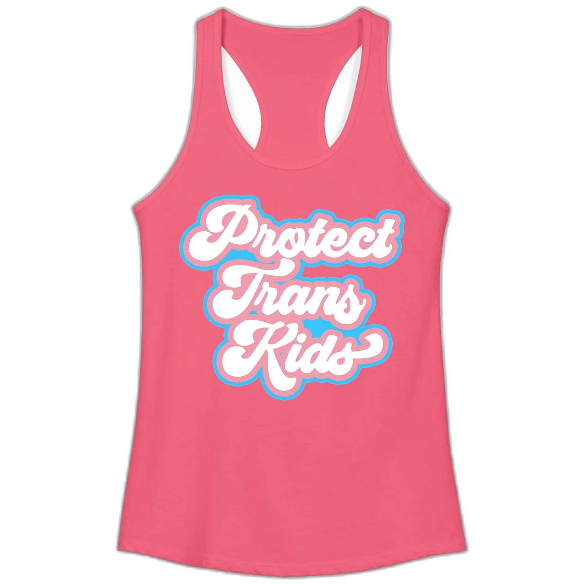Protect trans kids pride design featuring white bold text with pink and blue scalloped borders on gray background in Hot Pink
