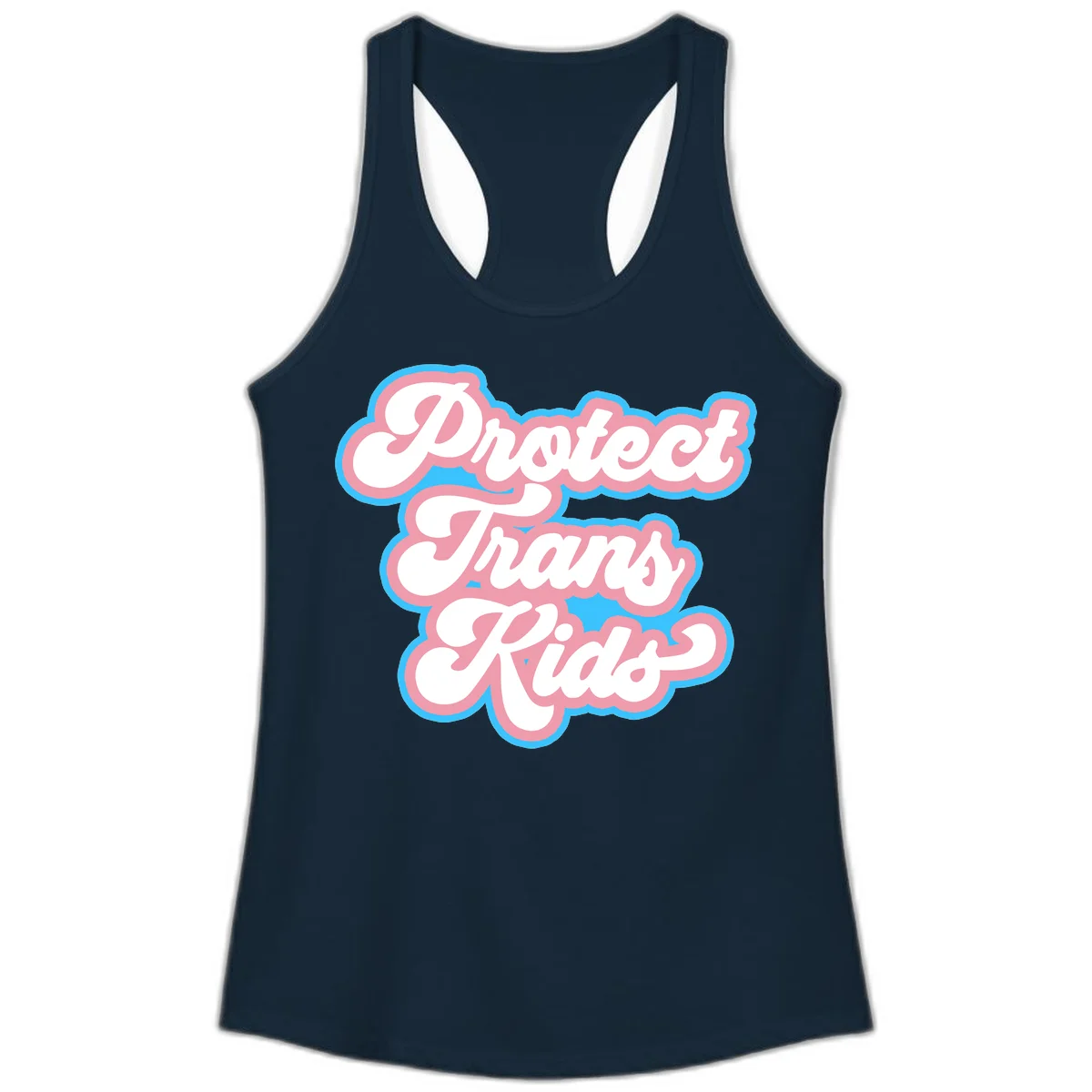 Protect trans kids pride design featuring white bold text with pink and blue scalloped borders on gray background in Solid Midnight Navy