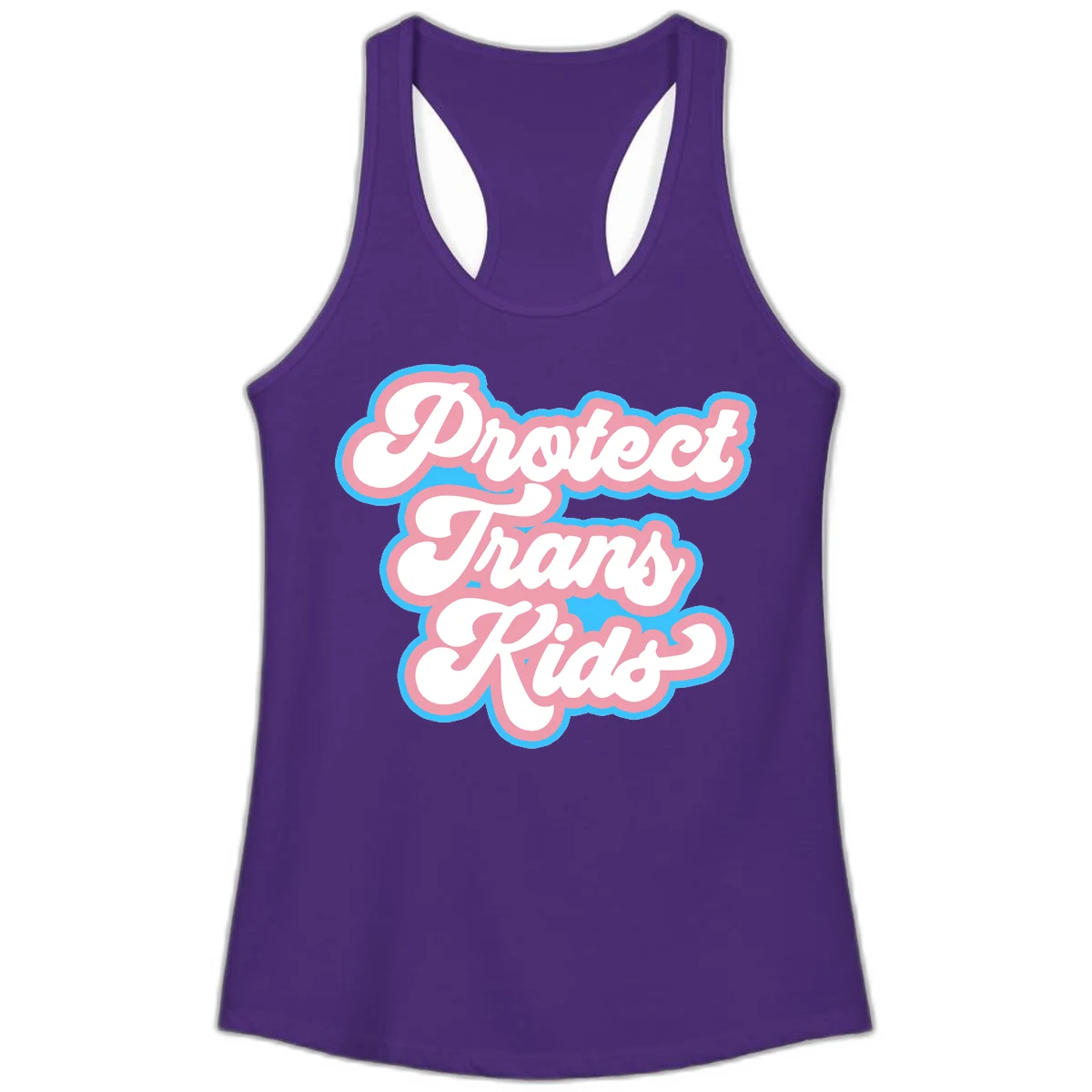 Protect trans kids pride design featuring white bold text with pink and blue scalloped borders on gray background in Solid Purple Rush