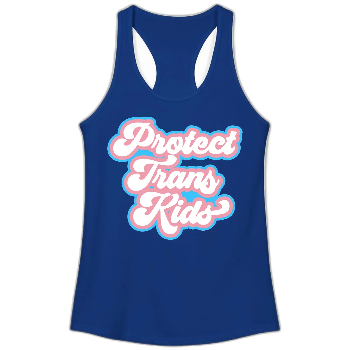 Protect trans kids pride design featuring white bold text with pink and blue scalloped borders on gray background in Solid Royal