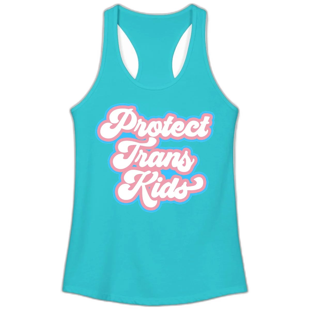 Protect trans kids pride design featuring white bold text with pink and blue scalloped borders on gray background in Solid Tahiti Blue