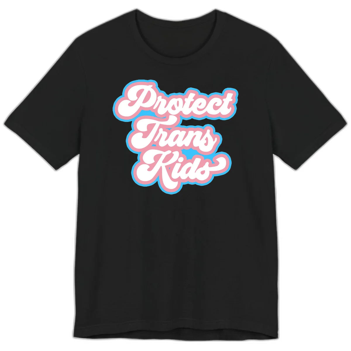 Protect trans kids pride design featuring white bold text with pink and blue scalloped borders on gray background in Black