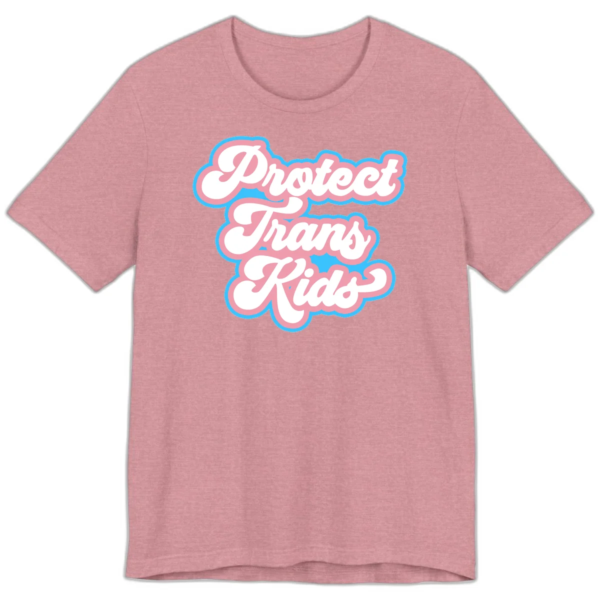 Protect trans kids pride design featuring white bold text with pink and blue scalloped borders on gray background in Heather Orchid