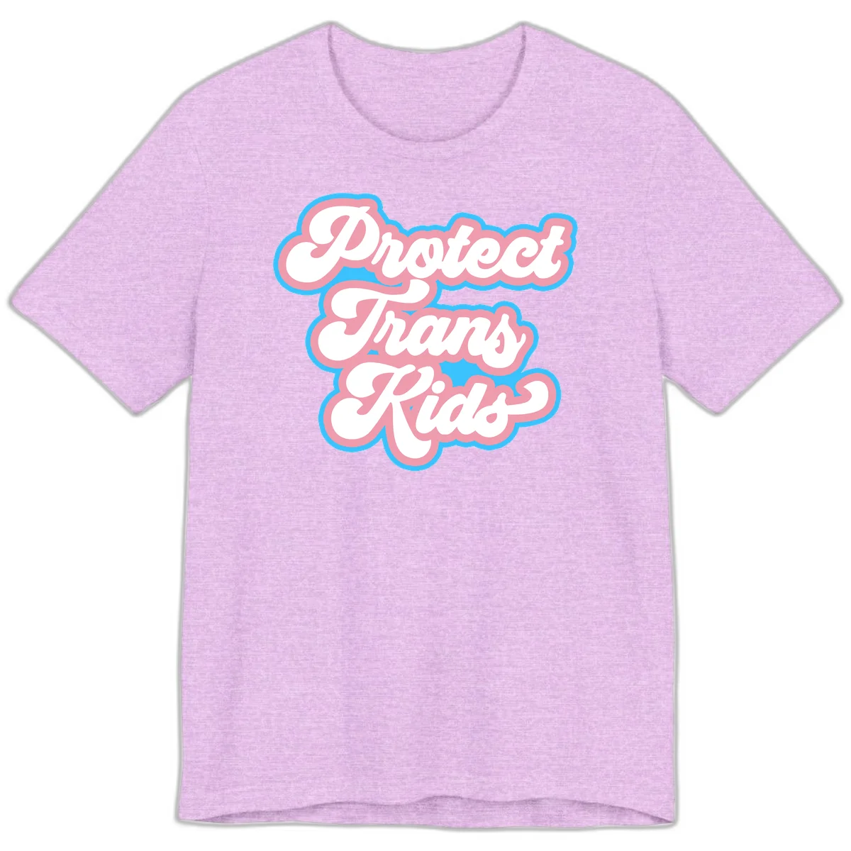 Protect trans kids pride design featuring white bold text with pink and blue scalloped borders on gray background in Heather Prism Lilac