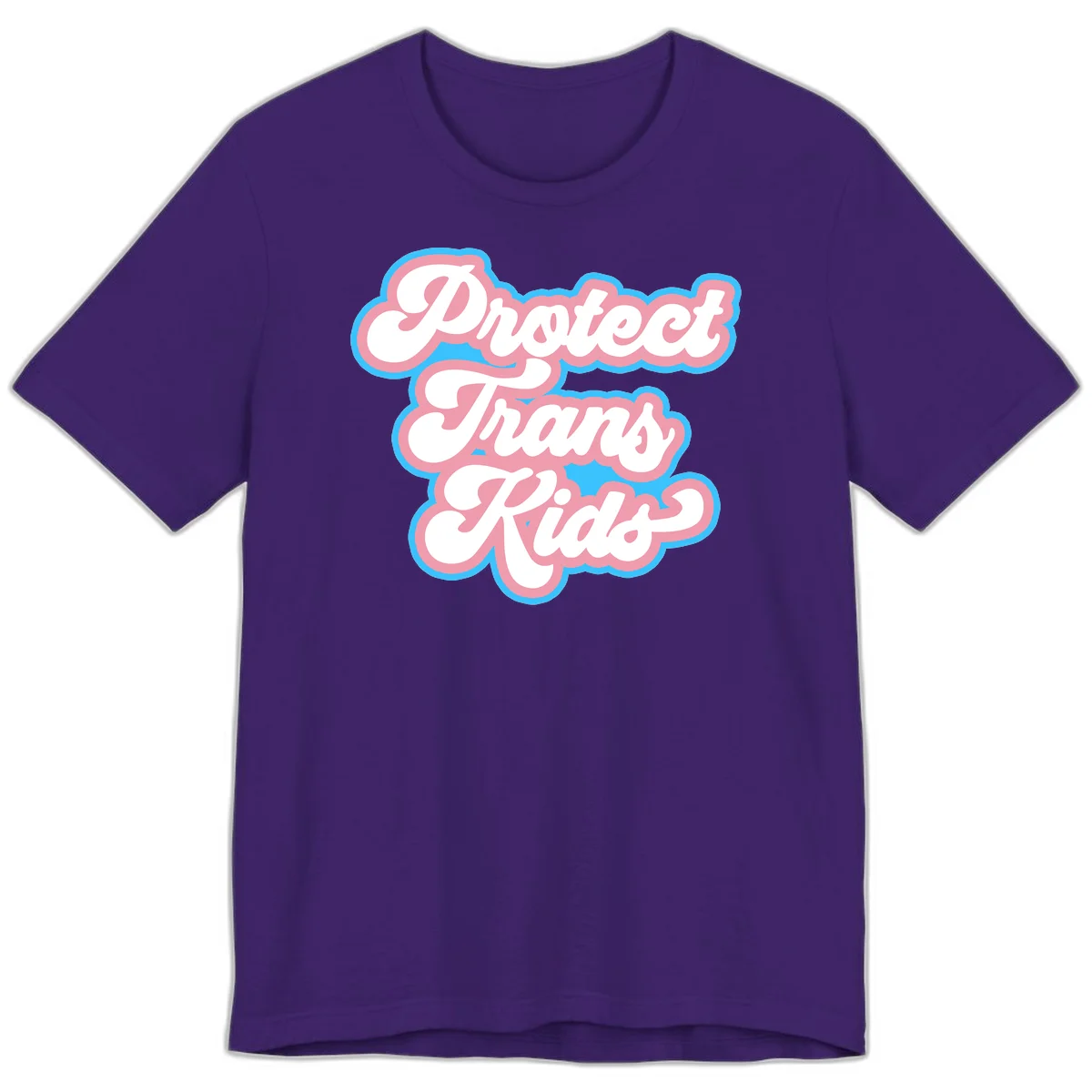 Protect trans kids pride design featuring white bold text with pink and blue scalloped borders on gray background in Team Purple