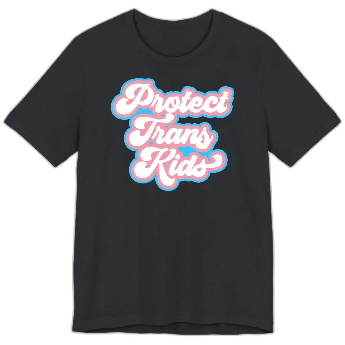 Protect trans kids pride design featuring white bold text with pink and blue scalloped borders on gray background in Vintage Black