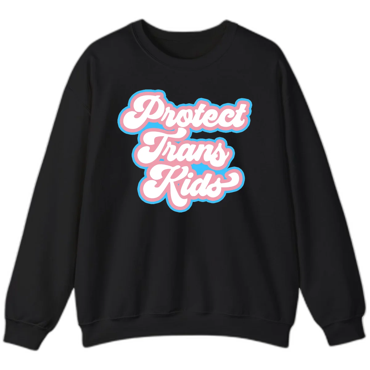 Protect trans kids pride design featuring white bold text with pink and blue scalloped borders on gray background in Black