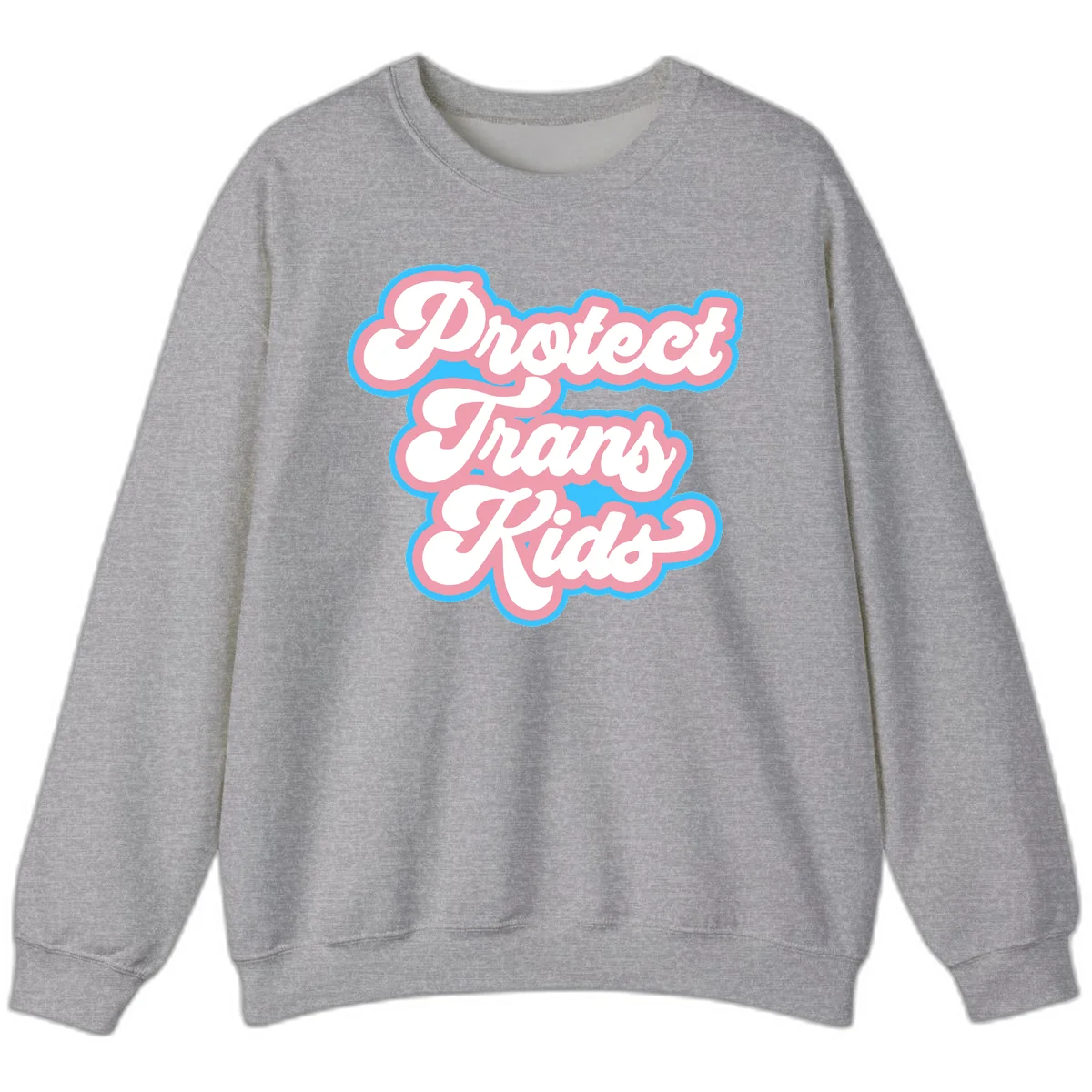 Protect trans kids pride design featuring white bold text with pink and blue scalloped borders on gray background in Sport Grey