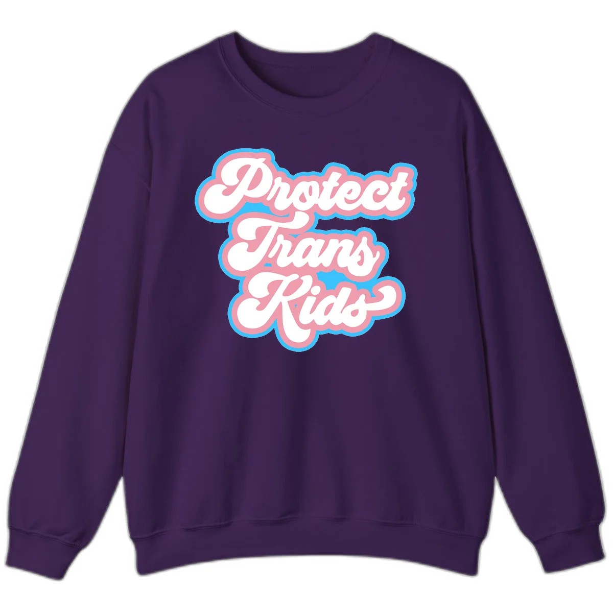 Protect trans kids pride design featuring white bold text with pink and blue scalloped borders on gray background in Purple