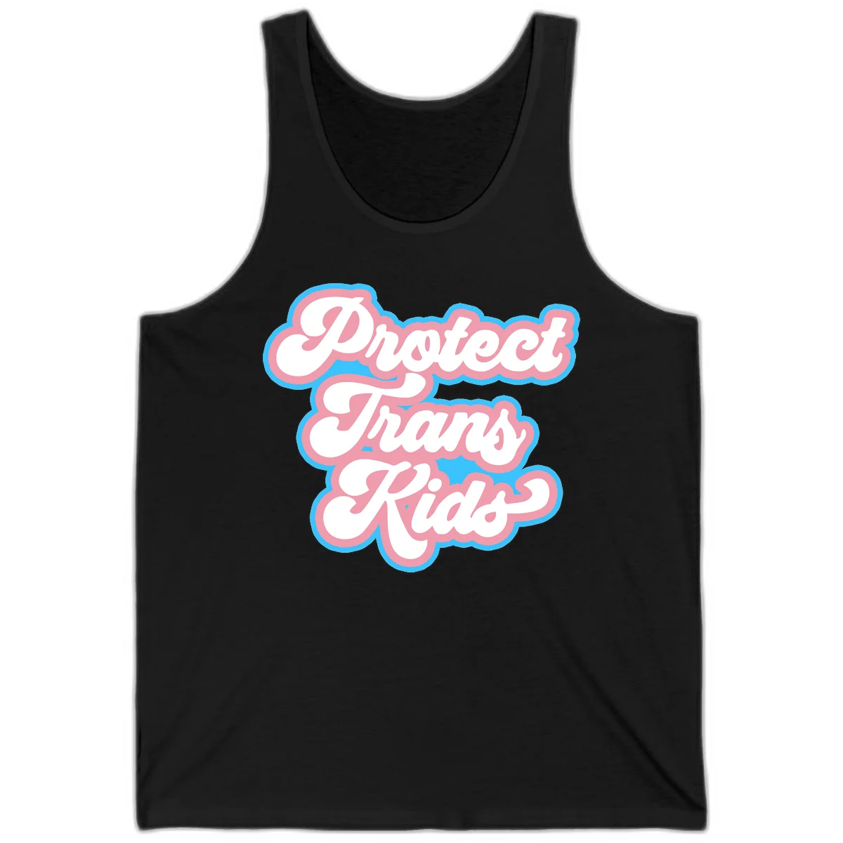 Protect trans kids pride design featuring white bold text with pink and blue scalloped borders on gray background in Black