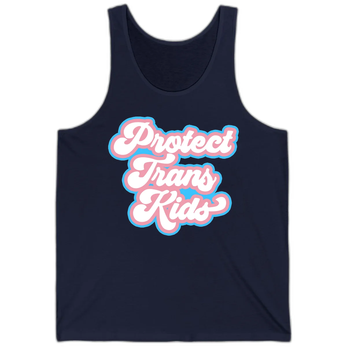 Protect trans kids pride design featuring white bold text with pink and blue scalloped borders on gray background in Navy