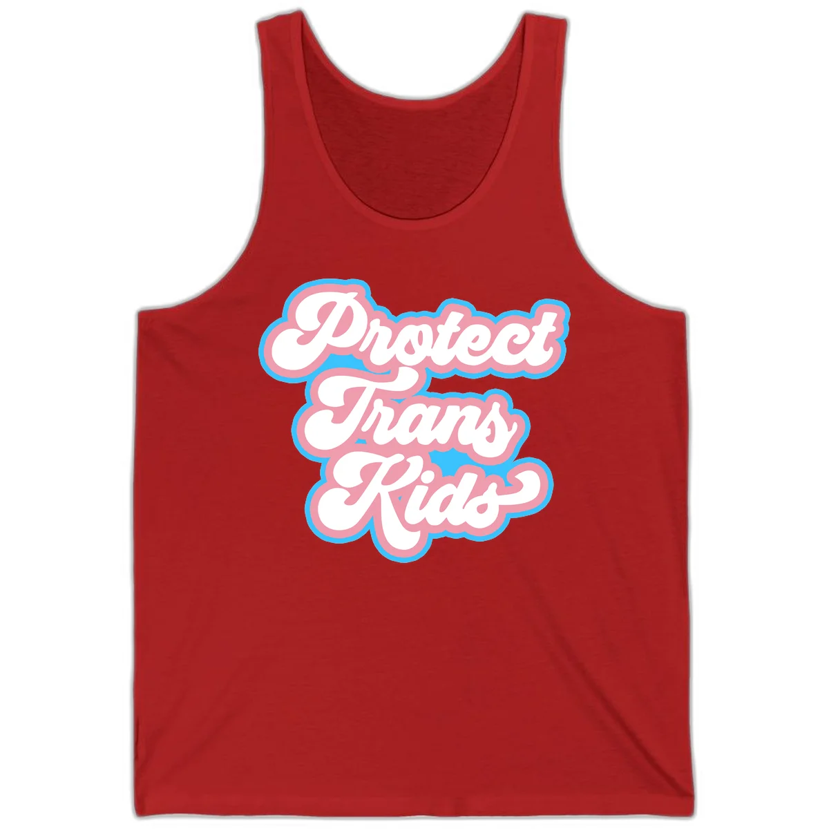 Protect trans kids pride design featuring white bold text with pink and blue scalloped borders on gray background in Red