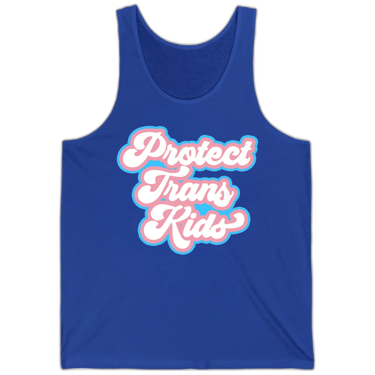 Protect trans kids pride design featuring white bold text with pink and blue scalloped borders on gray background in True Royal