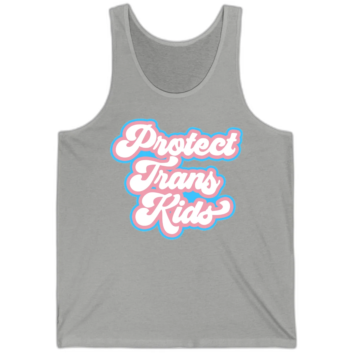 Protect trans kids pride design featuring white bold text with pink and blue scalloped borders on gray background in Athletic Heather