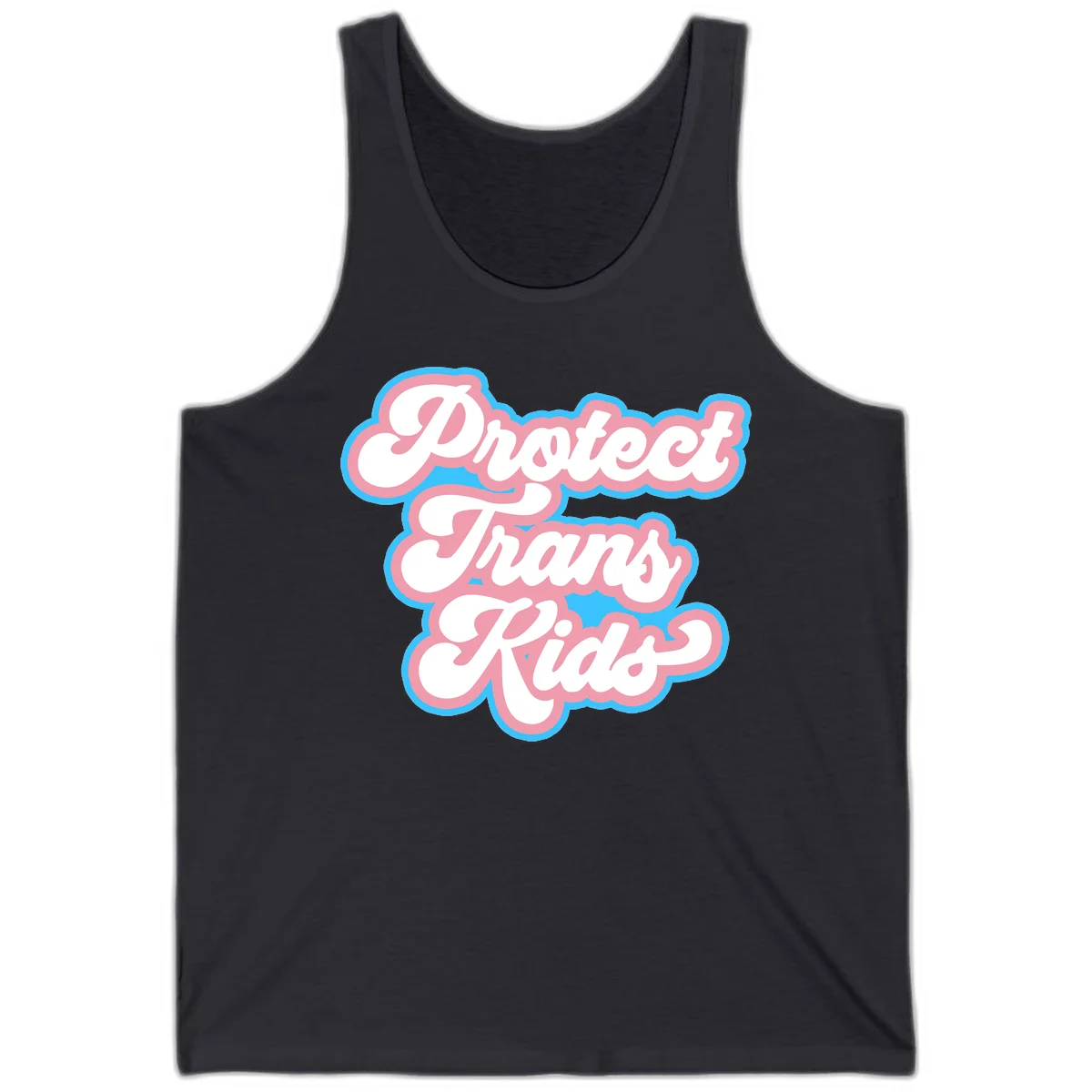 Protect trans kids pride design featuring white bold text with pink and blue scalloped borders on gray background in Dark Grey