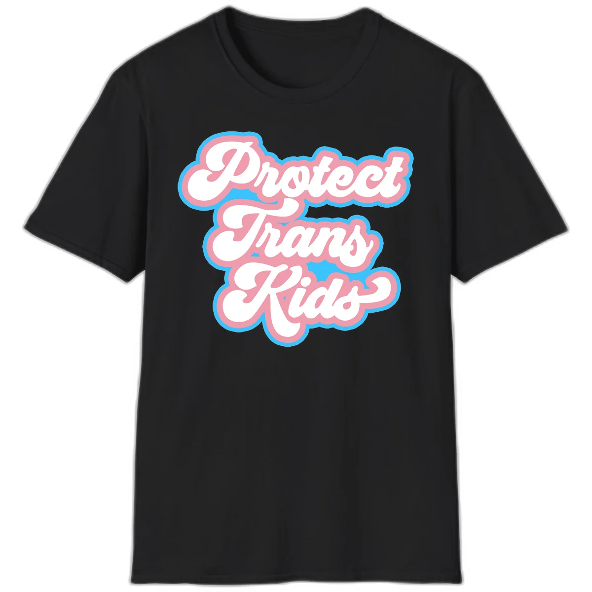 Protect trans kids pride design featuring white bold text with pink and blue scalloped borders on gray background in Black