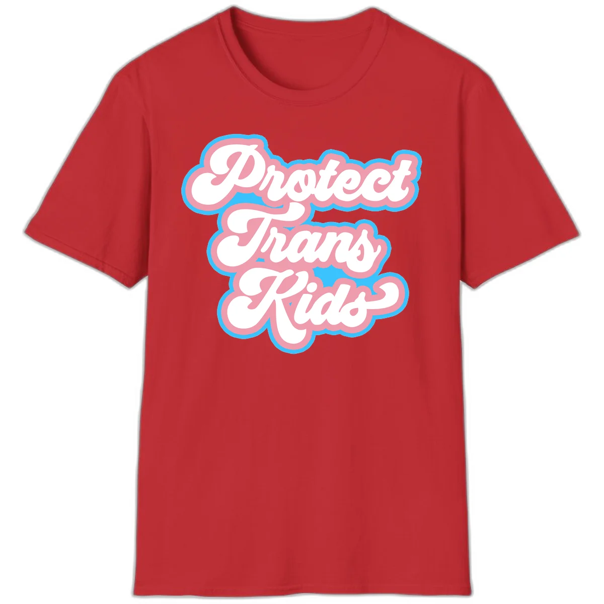 Protect trans kids pride design featuring white bold text with pink and blue scalloped borders on gray background in Red
