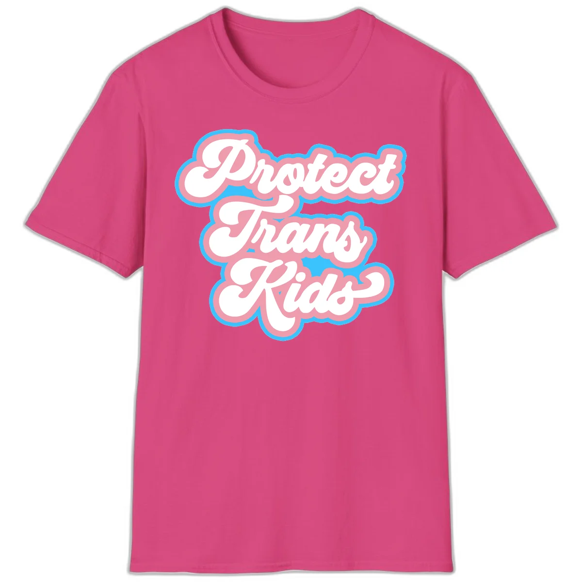 Protect trans kids pride design featuring white bold text with pink and blue scalloped borders on gray background in Heliconia