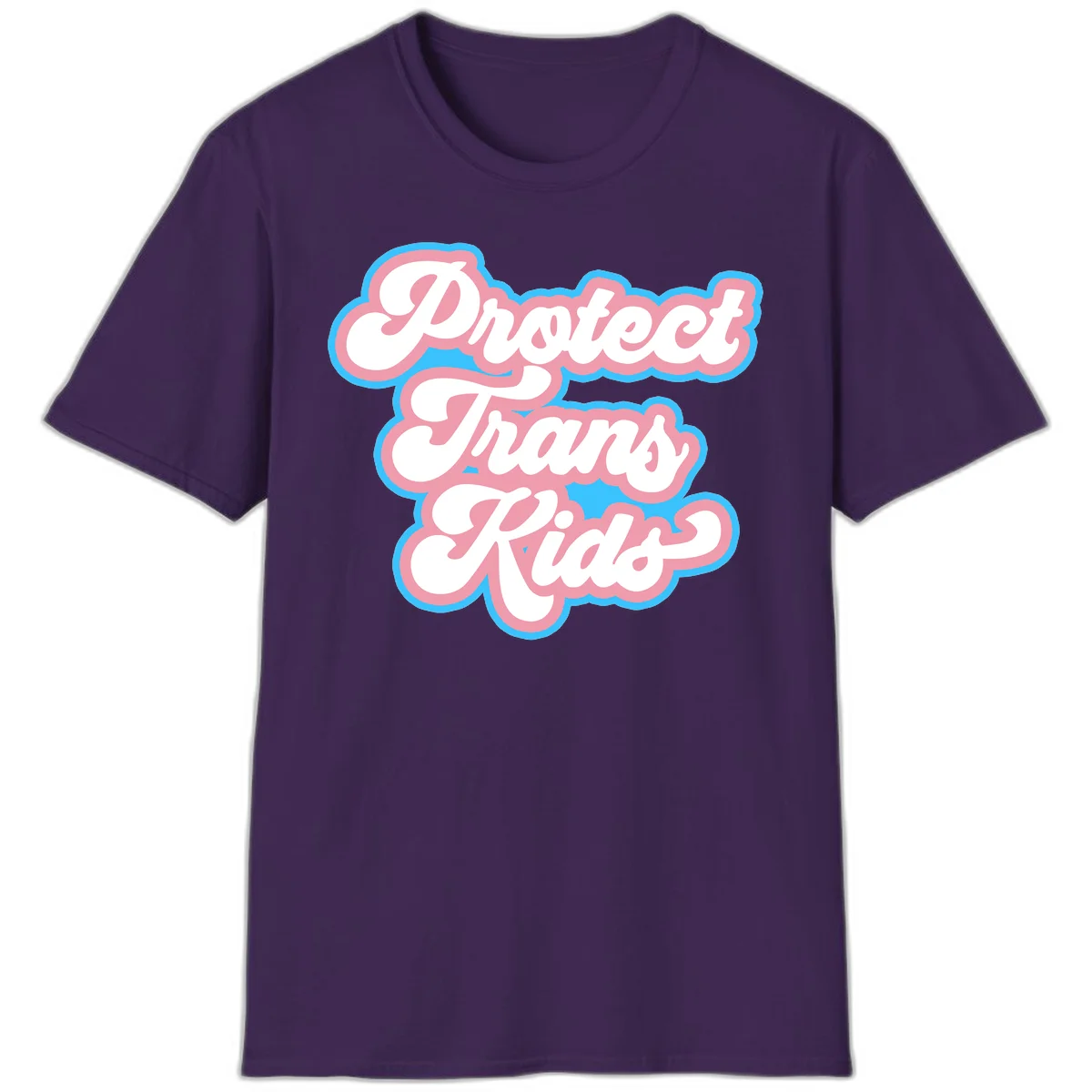 Protect trans kids pride design featuring white bold text with pink and blue scalloped borders on gray background in Purple