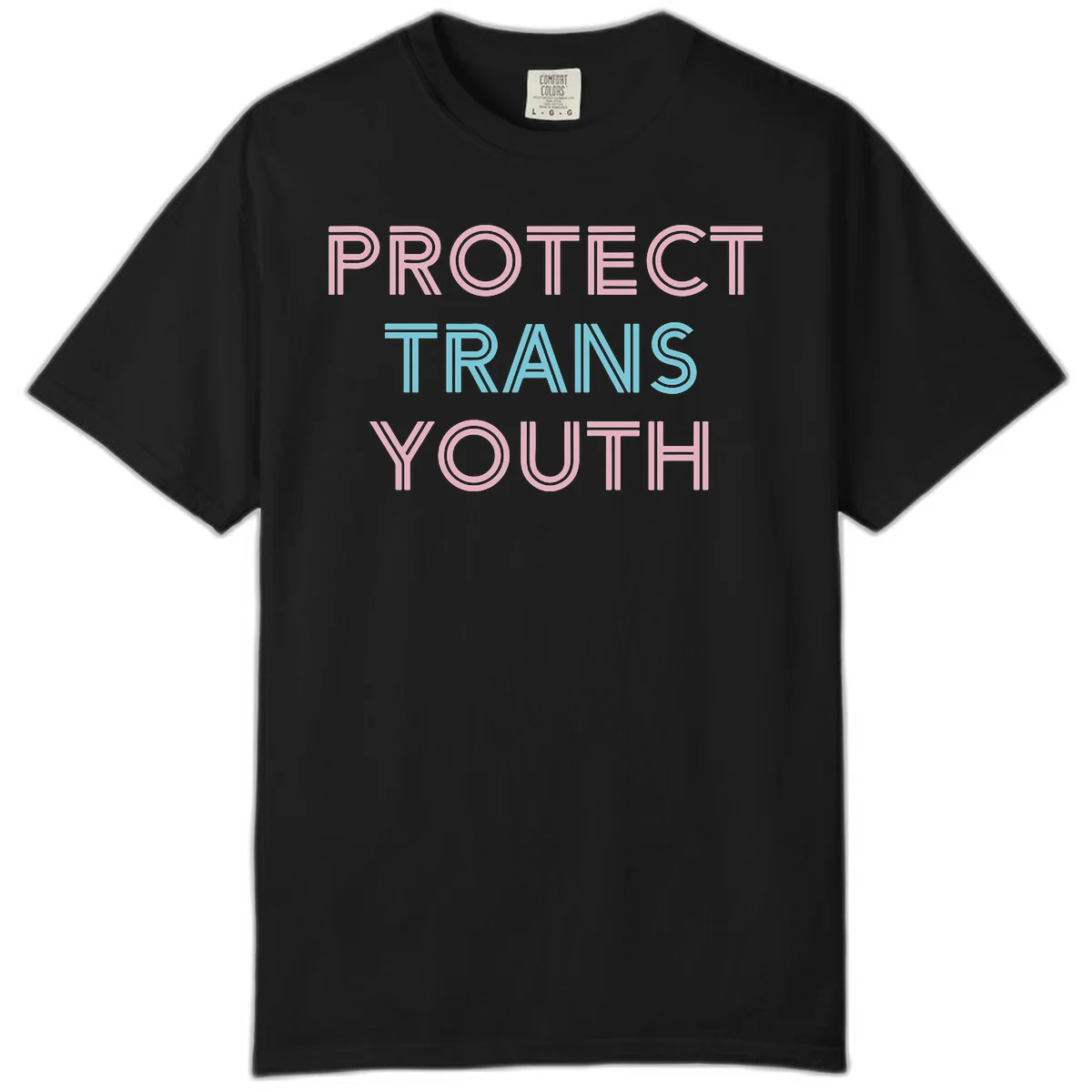 Protect trans youth design with pink and cyan outlined text on gray background in Black