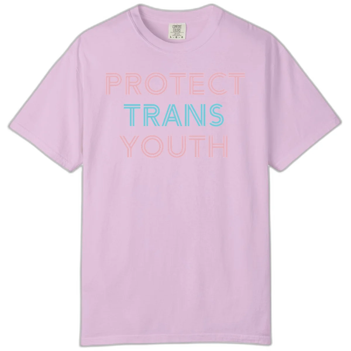 Protect trans youth design with pink and cyan outlined text on gray background in Orchid