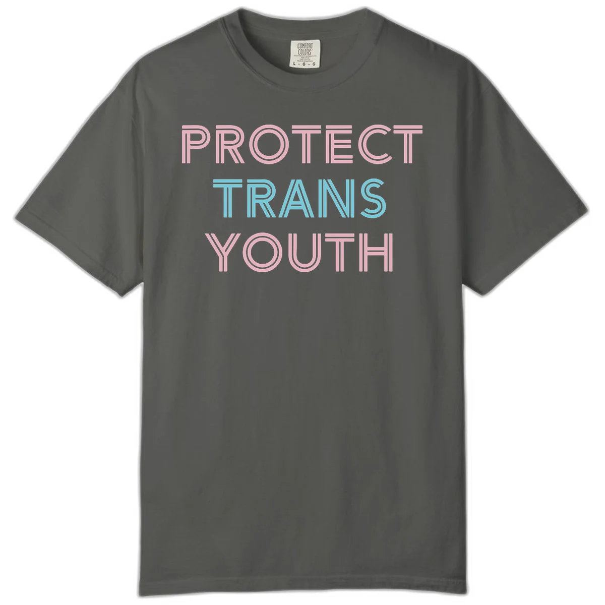 Protect trans youth design with pink and cyan outlined text on gray background in Pepper