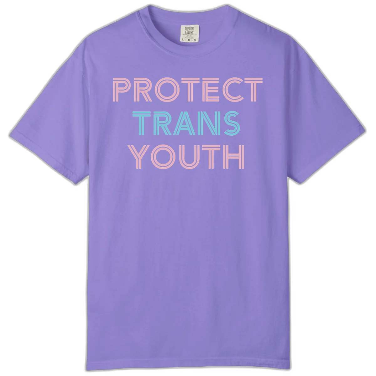 Protect trans youth design with pink and cyan outlined text on gray background in Violet