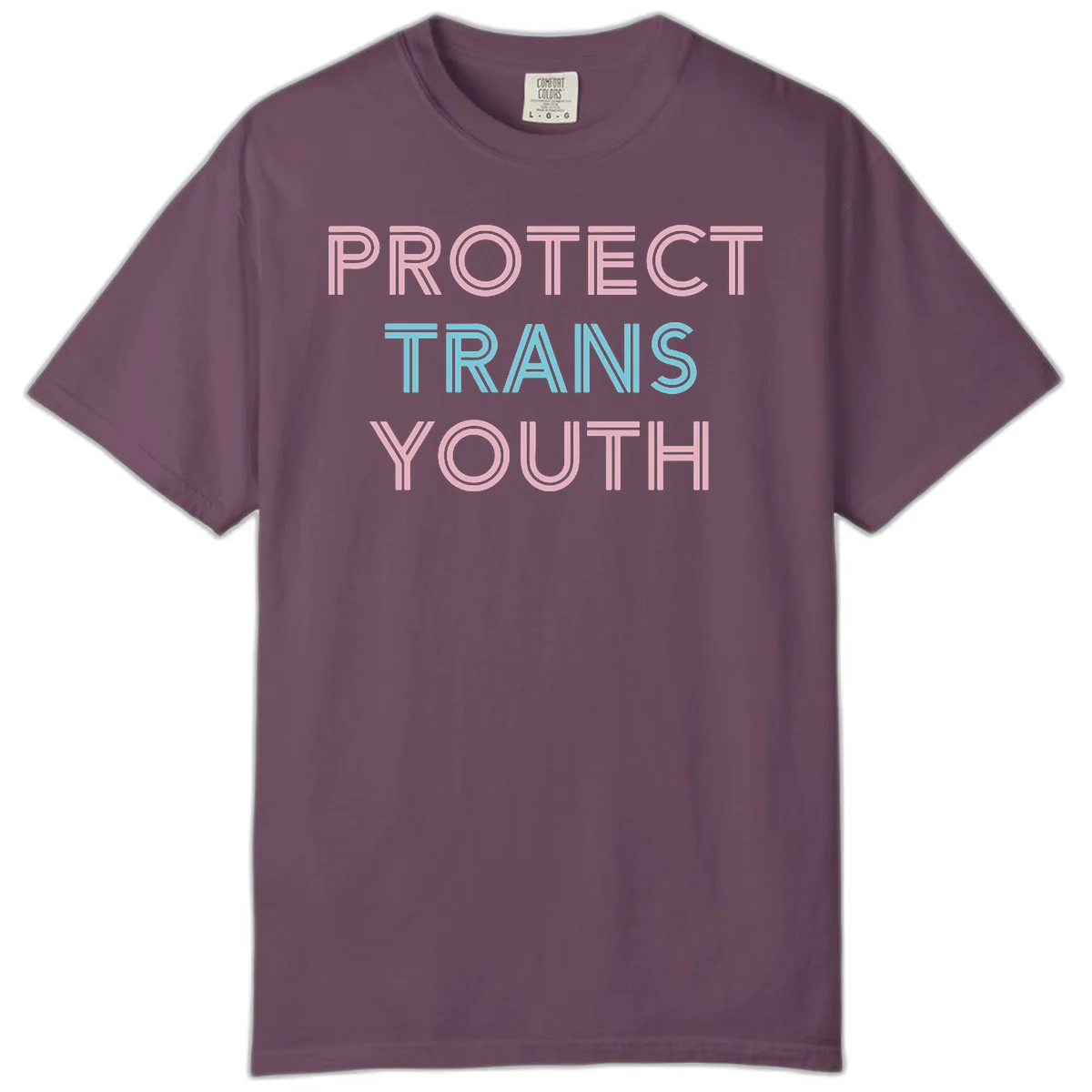 Protect trans youth design with pink and cyan outlined text on gray background in Berry