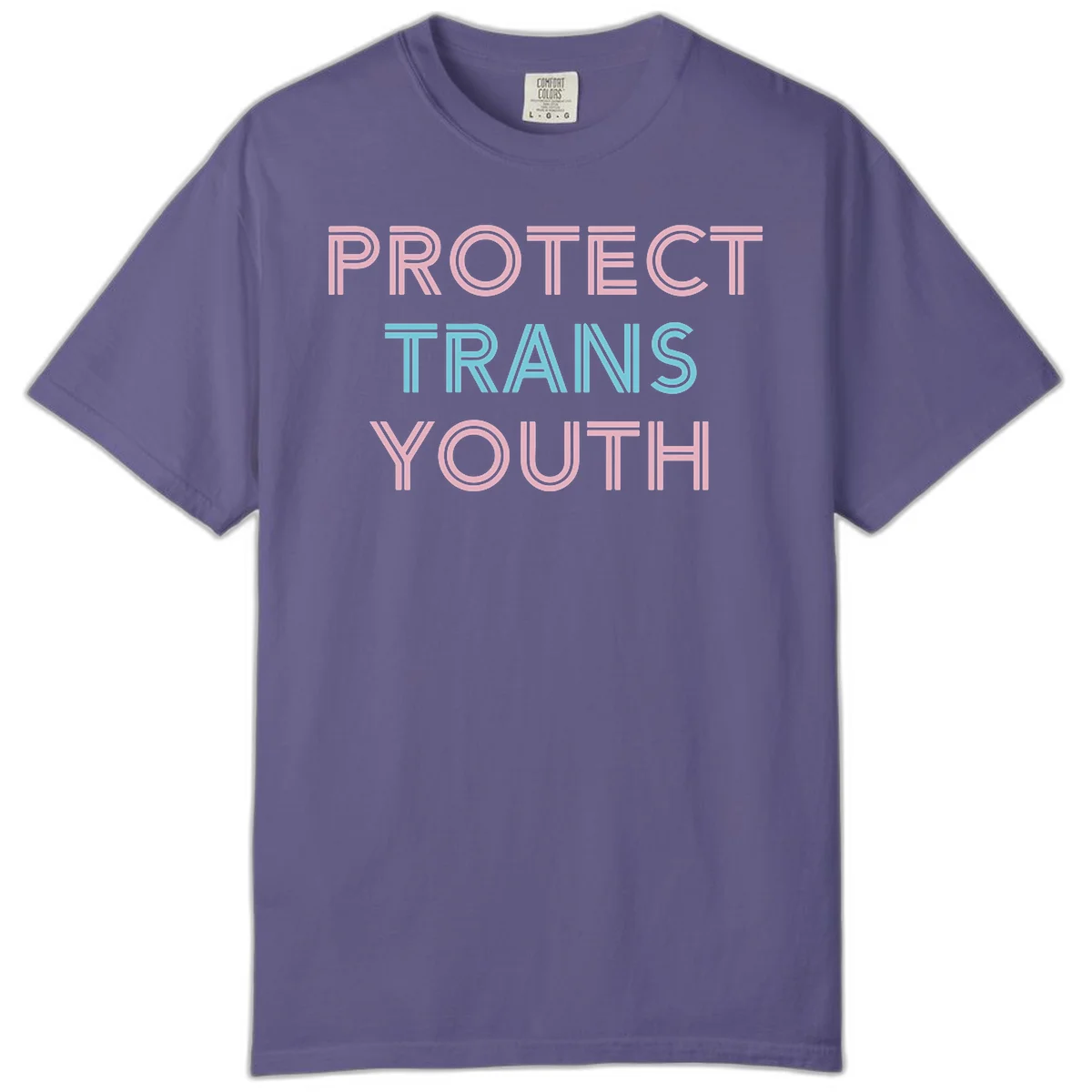 Protect trans youth design with pink and cyan outlined text on gray background in Grape