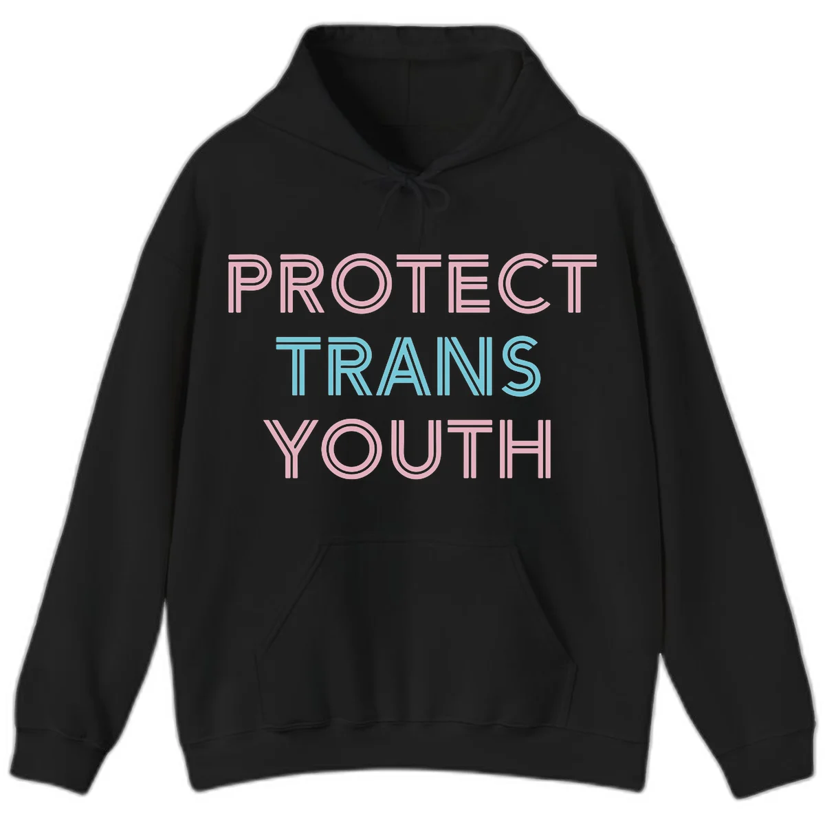 Protect trans youth design with pink and cyan outlined text on gray background in Black