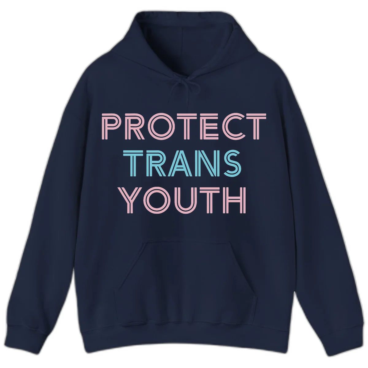 Protect trans youth design with pink and cyan outlined text on gray background in Navy